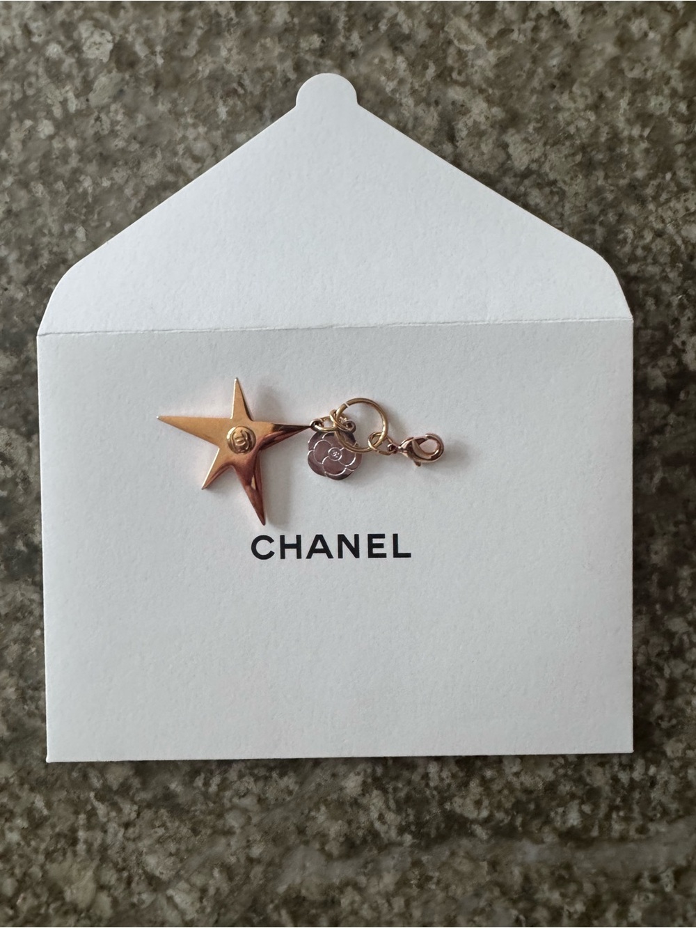 CHANEL Rose Gold Star Brooch Charm with Small Logo Medallion